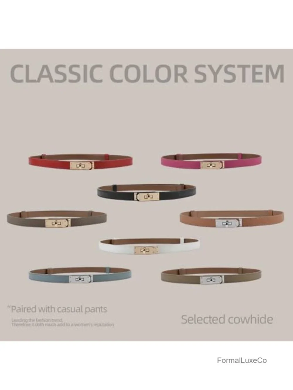 Women's Skinny Belt Solid Color Alloy Turn Lock Adjustable Waist 19.5-35.5